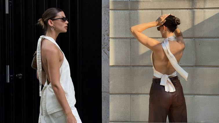 Kết hợp giữa tóc búi slick bun và halter top