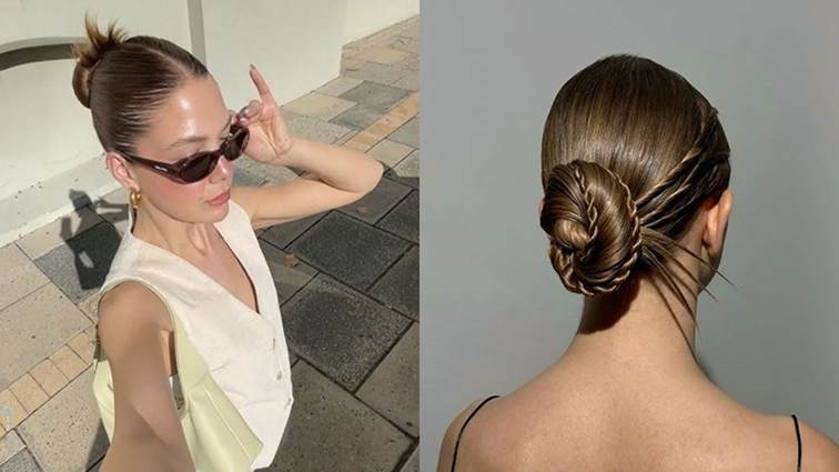 Kết hợp giữa tóc búi slick bun và halter top